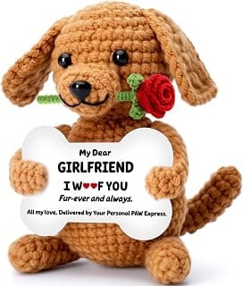 Funny Dog Mothers Day Girlfriend Gf Gifts, Anniversary Birthday Gifts for Girlfriend from Boyfriend, Mini Cute Cool Stuff Things Romantic I Love You Presents, Small Happy Crochet Rose Dog Puppy