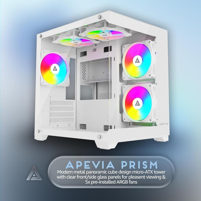 Apevia Prism-WH Prism Micro-ATX Gaming PC Cube Case w/ 5X 120mm ARGB Fans, 366 RGB Modes, Dual Tempered Glass Panels, 240mm Radiator Support, 1X USB3.0, 2X USB 2.0, HD Audio Port, White