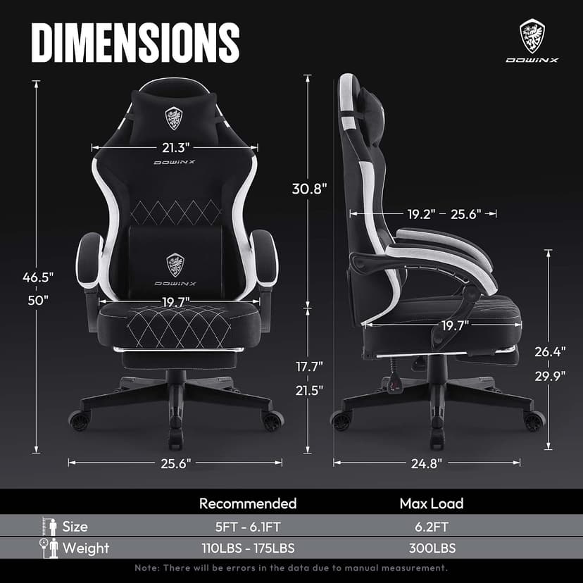Dowinx Fabric Gaming Chair, Ergonomic Computer Chair with Footrest and Pocket Spring Cushion, Height Adjustable Video Gamer Chair with Lumbar Support for Adults, Black