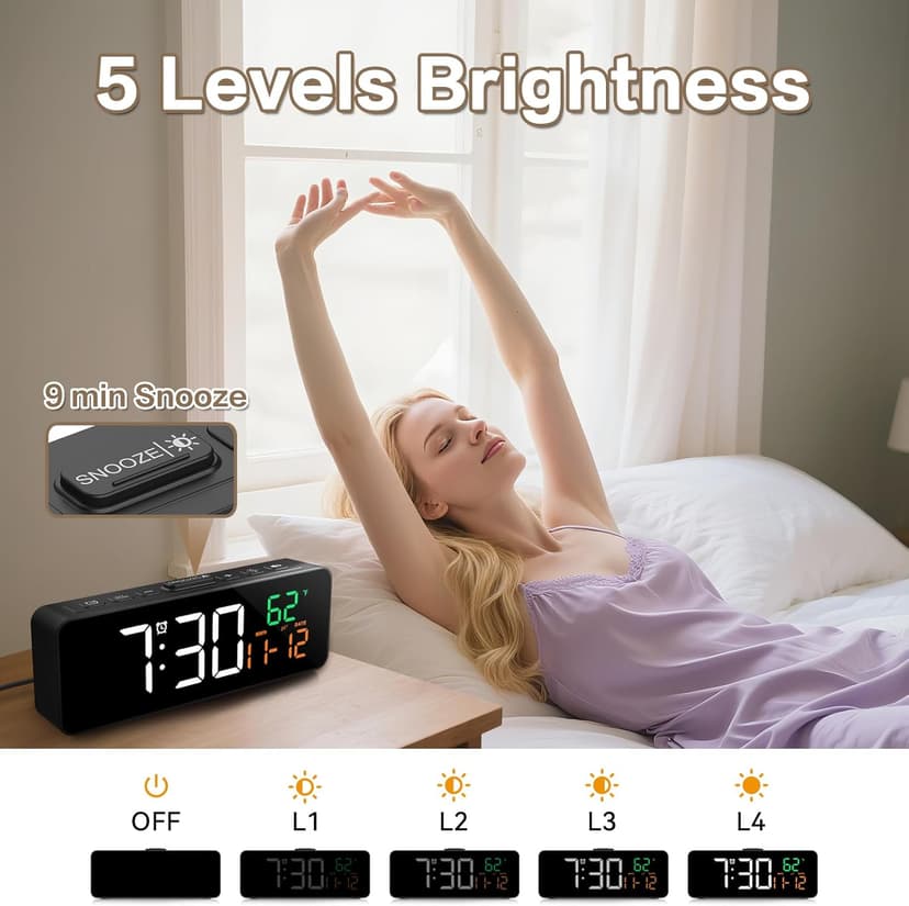 Netzu 3-in-1 Digital Clocks for Living Room with Temperature, Date & Time Display - 4 Levels Birghtness, 3 Volumes, Small & Compact Plug-in Alarm Clock for Bedroom, Office (Black)