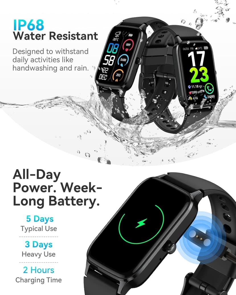 ChronArk Fitness Tracker for Women Men, Activity Smart Watch Compatible with Android iPhone, Step Counter with 110+ Sports, Sleep Monitor, Calorie Counter, IP68 Waterproof (Black, 1.57)