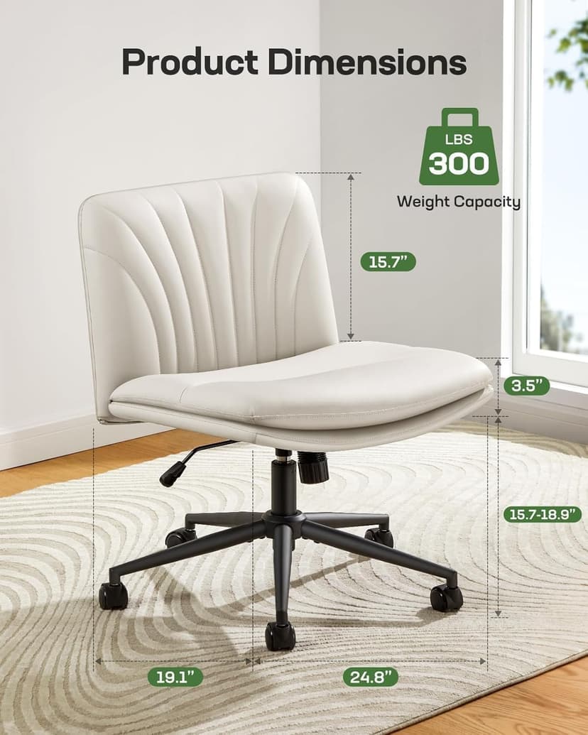 Marsail Criss Cross Office Chair with Wheels, Armless Wide Desk Chair for Active Sitting, PU Leather Cross Legged Chair for Home Office, Pet-Friendly & Easy Clean, Beige