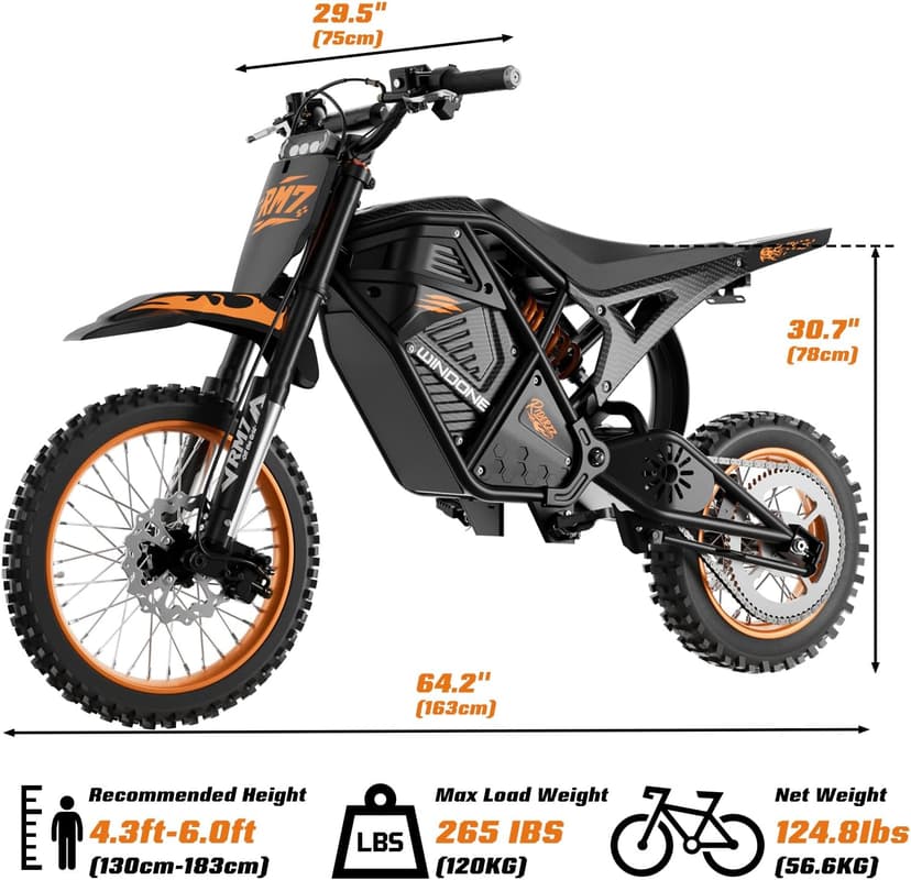 Windone RM7 Electric Dirt Bike for Teens & Adults, 2200W Peak Ebike, 48V 22.5Ah, 37MPH & 45-Mile Electric Motorcycle, 14"/12" Off-Road Tire E-Bike, Dual Hydraulic Brakes, Full Suspension, Fit Age 13+