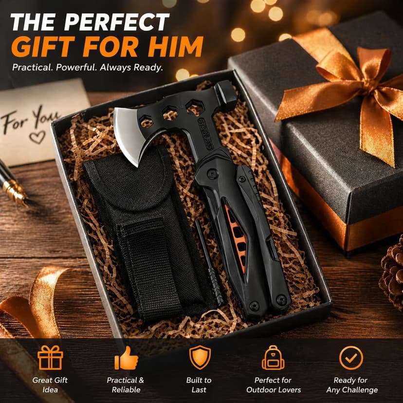18-in-1 Multitool Hatchet Camping Axe with Hammer & Knife with Protective Sheath, Survival Gear for Men Dad, Emergency Car Tool & Hiking Accessories, Cool Gadgets for Outdoor Hiking Emergency
