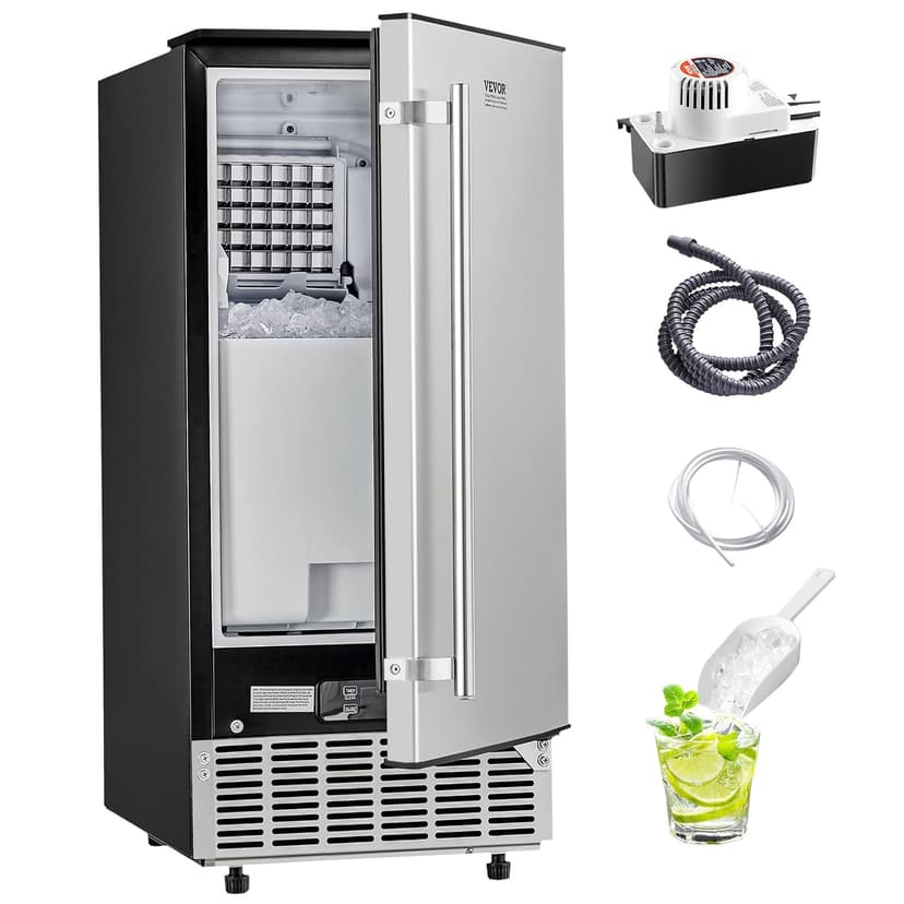 VEVOR Under Counter Ice Maker, 80 Lbs/Day Stainless Steel Built-in Ice Makers Machine with Drain Pump Reversible Door, 26lbs Storage Freestanding Ice Maker for Commercial Home Kitchen