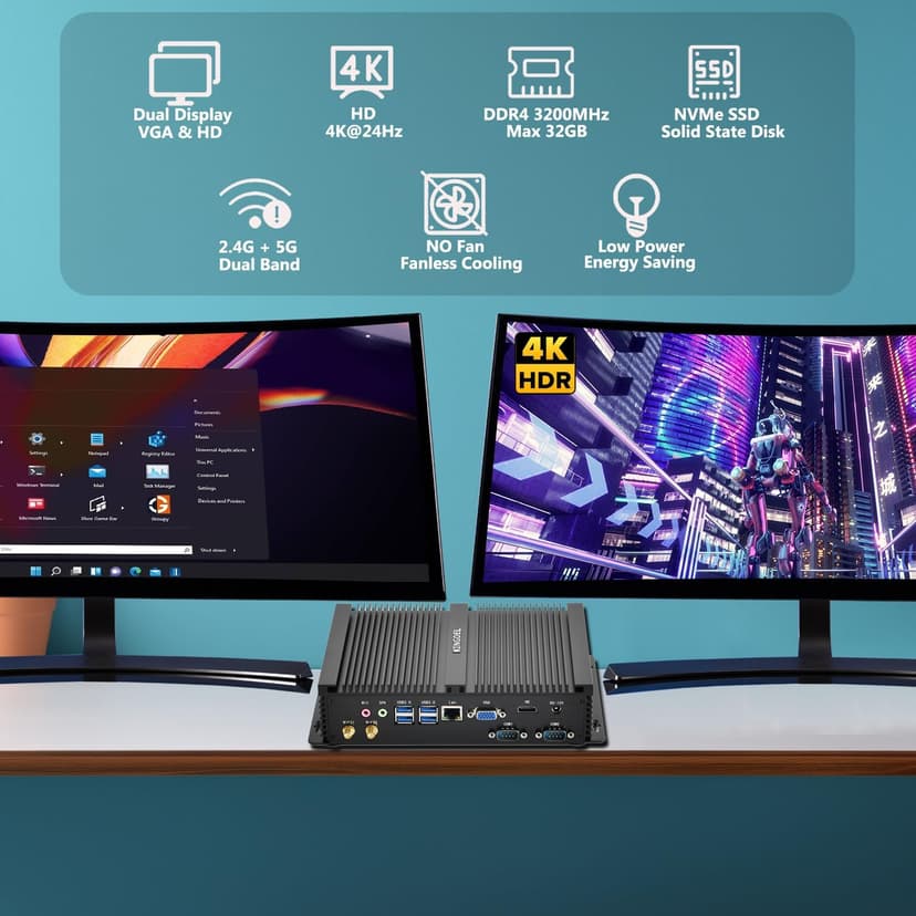 KINGDEL Fanless Industrial Computer, Mini PC, core i7 8th Gen. CPU, 16GB RAM 512GB NVMe SSD, 4K: 4096x2304, HD Port, VGA, 4xUSB 3.0, 2xCOM RS232, WiFi+Bluetooth, Metal Case