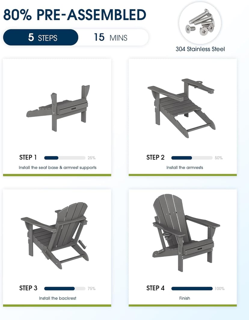 MUCHENGHY Folding Adirondack Chairs, Patio Chairs, Lawn Chairs, Outdoor Chair, Adirondack Chair Plastic, Fire Pit, Weather Resistant with Cup Holder for Deck, Backyard, Garden(Gray)