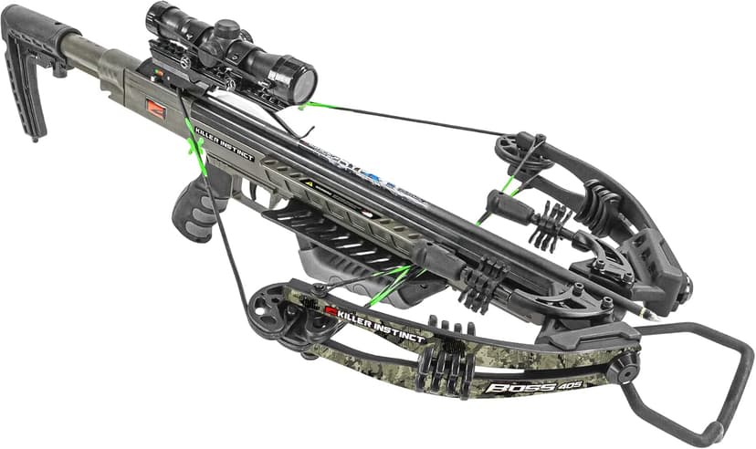 Killer Instinct Boss 405 Crossbow Pro Package with 4x32 IR-W Scope, Rope Cocker, String Suppressors, 3-Bolt Quiver, 3 Hypr Lite Bolts and Field Tips, Stick of Rail Lube