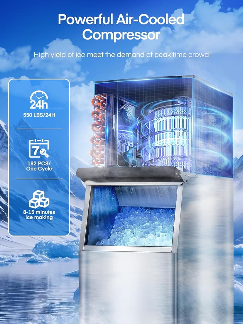 Commercial Ice Maker Machine 500LBS/24H, 350LBS Stainless Steel Storage Bin, 182 Ice Cubes in 10-15min, Self-Cleaning, Air Cooled Ice Machine with LCD Touchscreen for Bar Business Cafe (500 lbs)