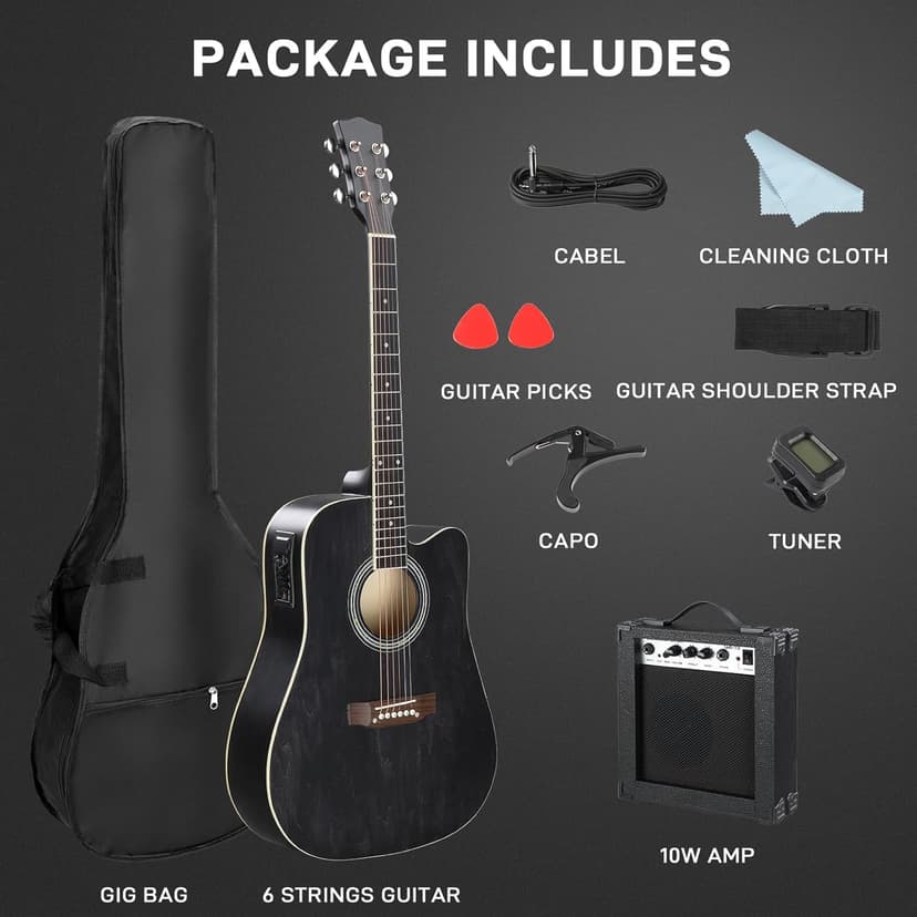 Ktaxon Full-Size Acoustic Electric Guitar with Amp, 41 Inch Basswood Body Guitars Kit for Beginner & Intermediate W/Bag, Strap, and Capo All Accessories Included (Black)