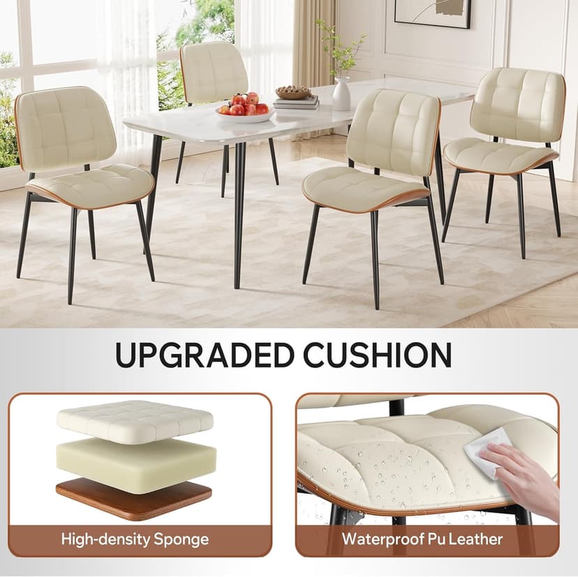 Dining Chairs Set of 2, Mid Century Modern Dining Room Chair with Thick Cushion, Upholstered Faux Leather Kitchen Chairs with Walnut Bentwood Back for Kitchen Dining Room, Beige