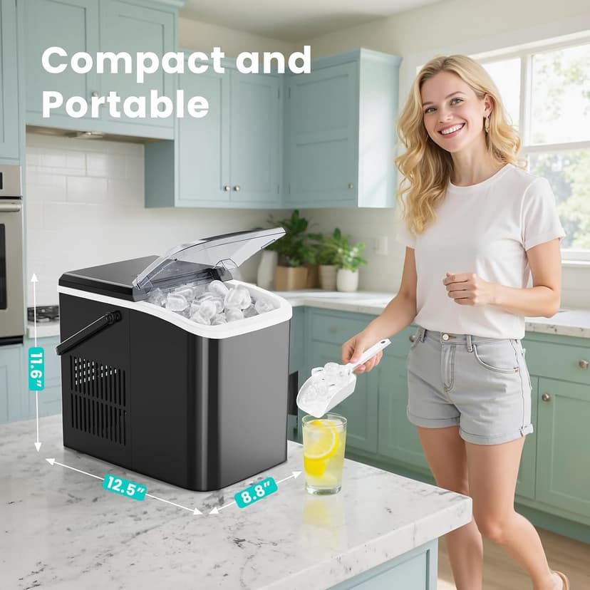 OLIXIS Countertop Ice Maker Machine with Handle, Auto-Cleaning Portable Ice Maker with Basket & Scoop, 26lbs in 24Hrs & 9 Ice Cubes in 6 Mins, 2 Ice Cube Sizes, for Home Party Camping RV, Black