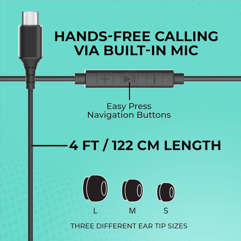 CHARGEWORX Wired Earbuds with USB-C Connector and Built-in Microphone, Corded Earphones with Noise Reduction, High-Def Stereo Sound, in-Line Audio Control, Compatible with Apple and Samsung Devices