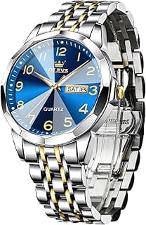 OLEVS Men's Casual Stainless Steel Watch, Big Face Easy to Read Analog Quartz Watch with Day and Date, Classic Waterproof Diamond Roman Arabic Numerals Dial Dress Watch for Men, Gold Silver Black Band