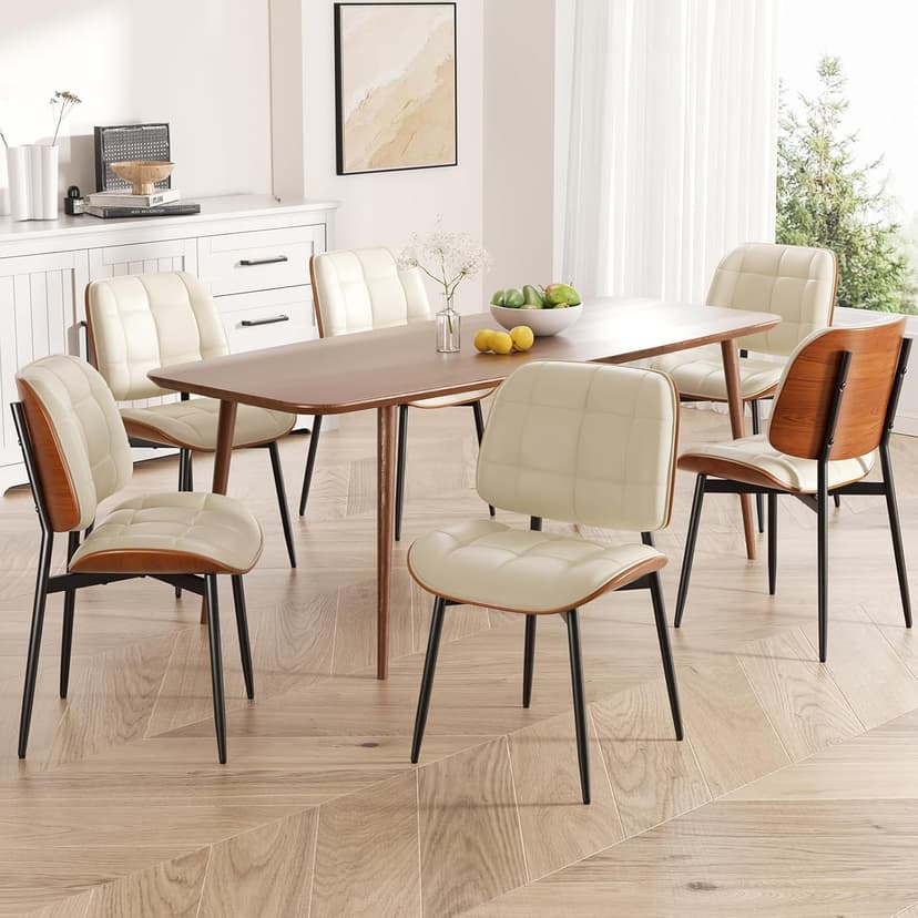 Dining Chairs Set of 2, Mid Century Modern Dining Room Chair with Thick Cushion, Upholstered Faux Leather Kitchen Chairs with Walnut Bentwood Back for Kitchen Dining Room, Beige