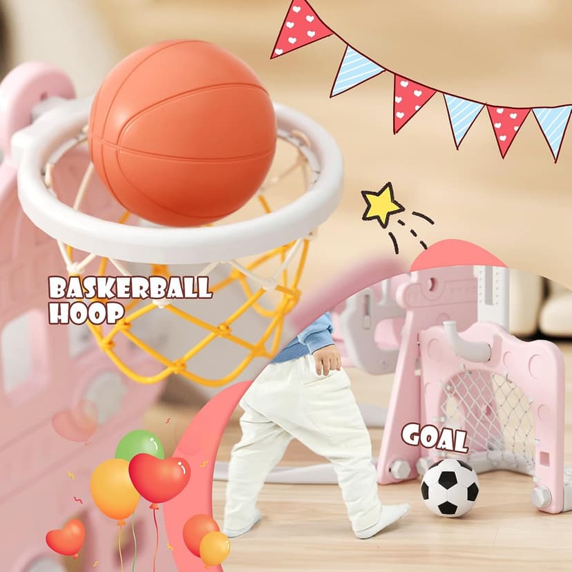 XJD 6-in-1 Toddler Slide and Swing Set, Kids Slide for Toddlers Age 1+, Toddler Outdoor Playset with Basketball Hoop, Football Frame, Swing, Outdoor Indoor Playground for Toddlers 1-3 (Pink)