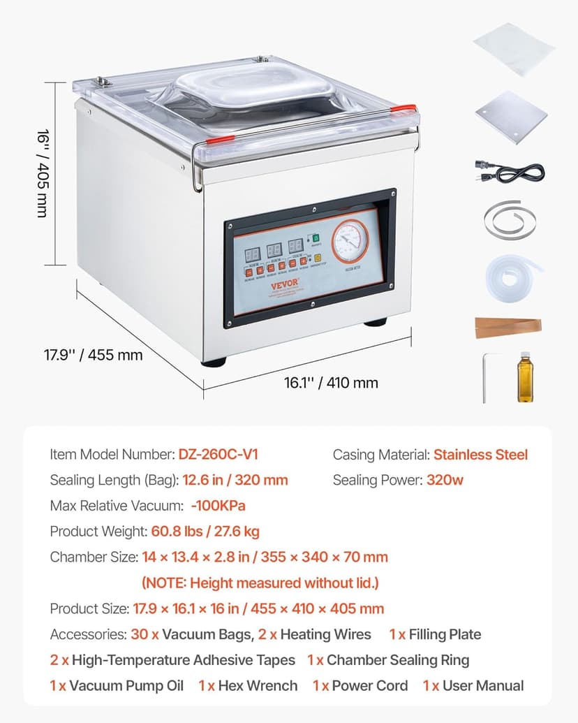 VEVOR Chamber Vacuum Sealer, 320W Sealing Power, Vacuum Packing Machine for Wet Foods, Meats, Marinades and More, Compact Size with 12.6 in Sealing Length, Applied in Home Kitchen and Commercial Use