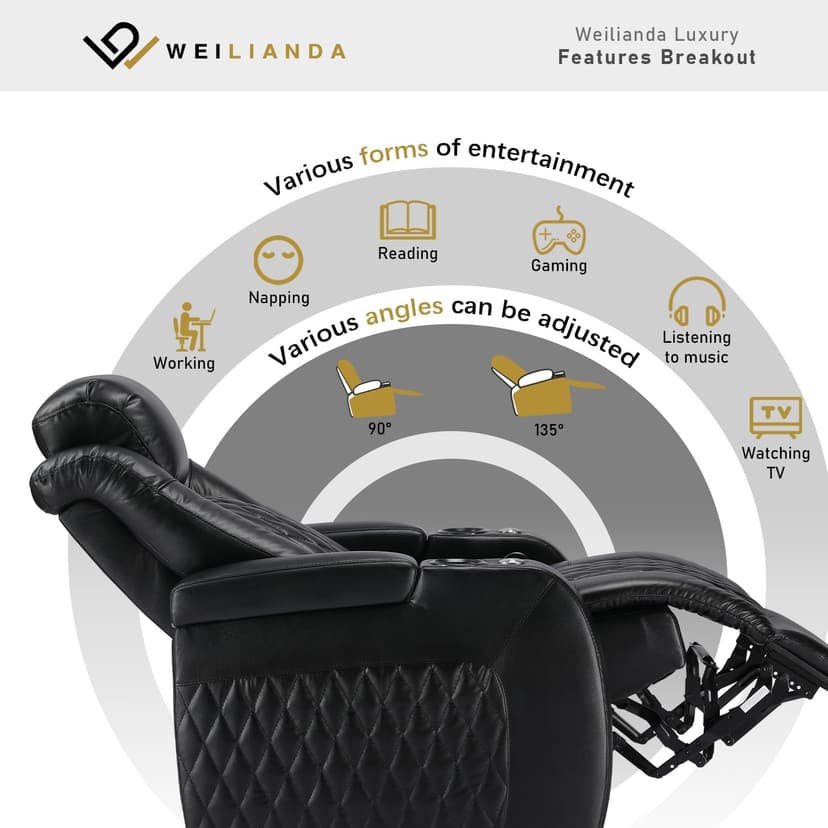 Weilianda Home Theater Seating Top Grain Leather, Zero Gravity Movie Theater Chairs Set, Power Headrest Recliner Chair Gaming Seats, 7 Colors Mood Light Sofa with Tray Table USB Charge Row of 3 Black