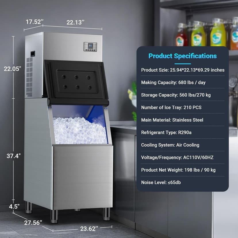 Commercial Ice Maker Machine, 680 LBS/24H with 560 LBS Storage, ETL Approval Industrial Ice Machine, 210 Ice Cubes in 5-15min, Self-Cleaning Stainless Steel Ice Maker for Business Restaurant Hotel