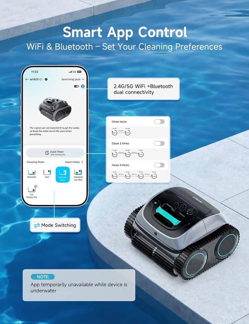 WYBOT C1 Cordless Robotic Pool Cleaner, 4-in-1 Pool Vacuum for Inground Pools & Above Ground Pool Up to 150 Mins Runtime, Power Suction with Smart Navigation & APP Control (Lake Green)