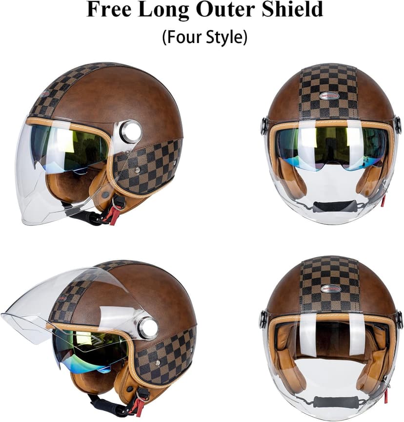 Dual Visor 3/4 Open Face Motorcycle Helmet for Men & Women, DOT Approved Unisex Retro Half Helmet，Motorbike Casco for Moped Cruiser Bobber and Chopper