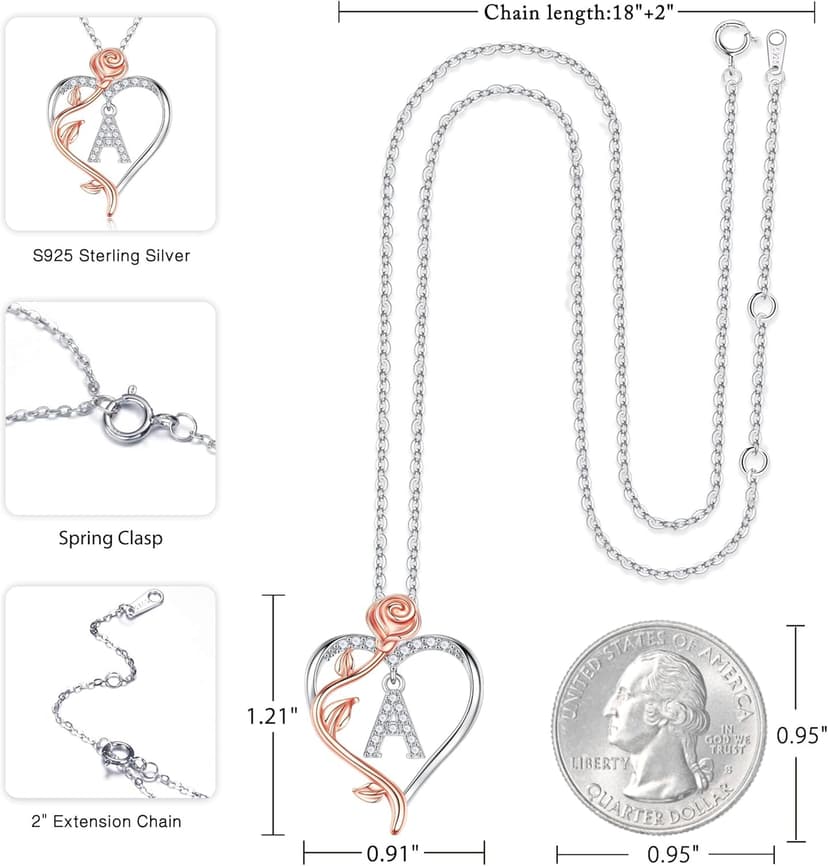 Iefil Stocking Stuffers for Women Wife - 925 Sterling Silver Rose Heart Initial Necklace, Christmas Anniversary Birthday Gifts for Women, Jewelry Gift for Her Wife Girlfriend Mom Daughter