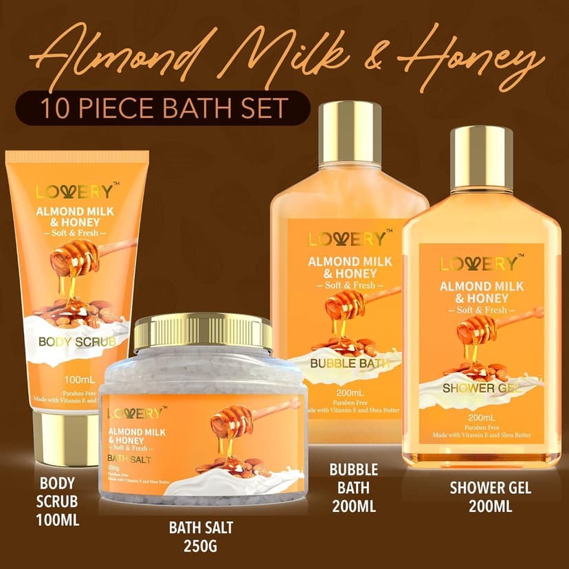 Gifts for Women Gift Basket for Women - 10 Pc Almond Milk & Honey Beauty & Personal Care Set - Home Bath Pampering Package for Relaxing - Spa Self Care Kit - Thank You, Birthday, Mom, Anniversary Gift
