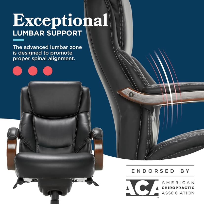 La-Z-Boy Delano Big and Tall Executive Office Chair - Ergonomic Lumbar Support Memory Foam - Bonded Leather Desk Chair for Home Office - Mahogany Wood Arms - Black