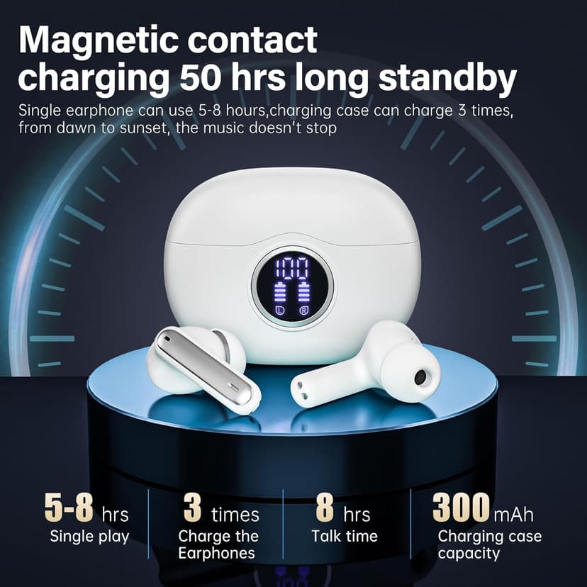 Fhumsh Wireless Earbuds, Bluetooth 5.3 Headphones HiFi Stereo 50H Playback LED Digital Display Ear Buds with ENC Noise Canceling Headset, IPX7 Waterproof Earphones for Gym/Running/Work (White)