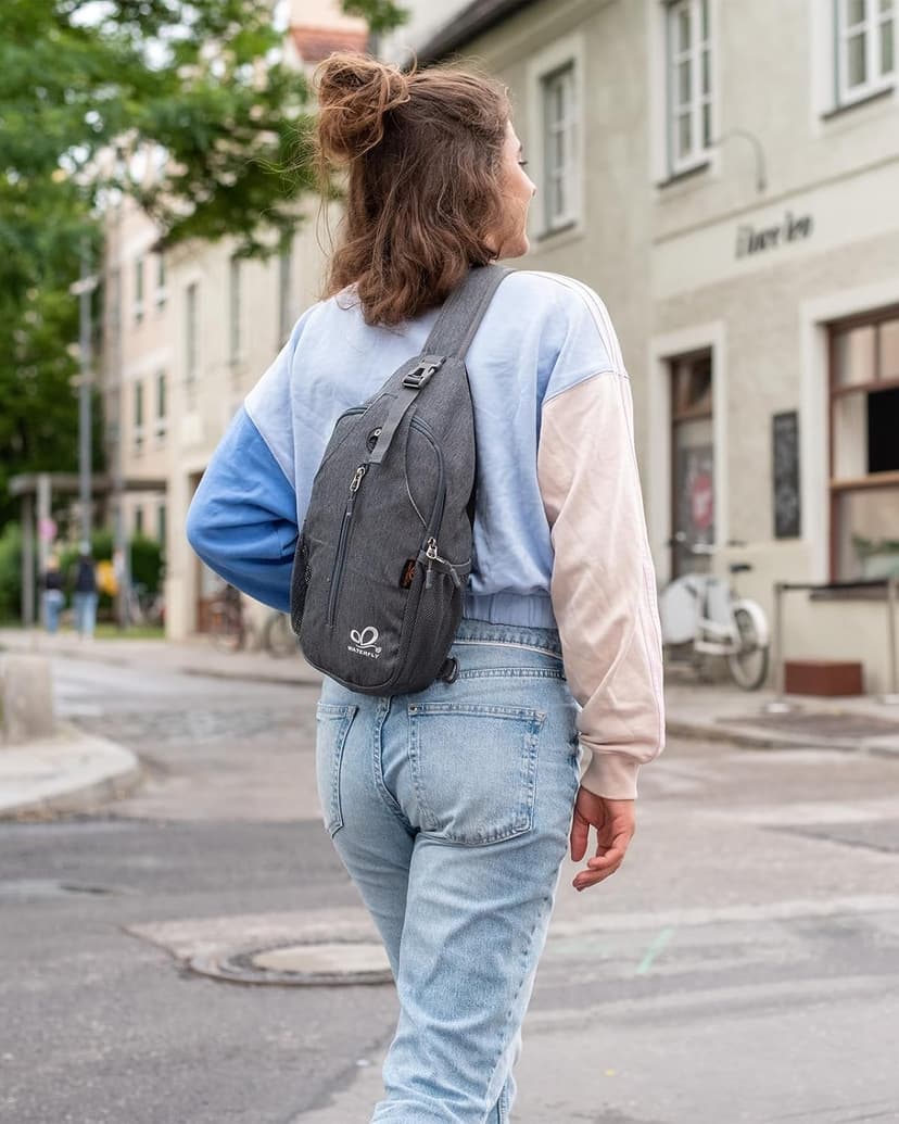 WATERFLY Crossbody Sling Backpack Sling Bag Travel Hiking Chest Bag Daypack (Black)