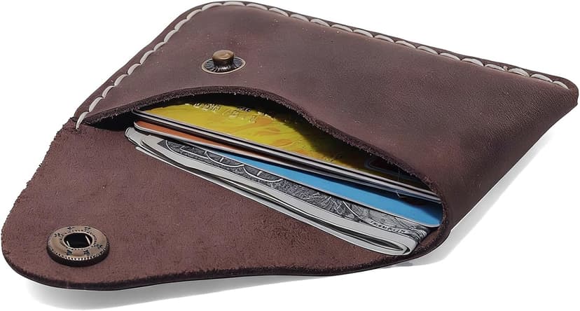 Handmade Handmade Genuine Leather Card Holder with Snap Closure - Ultra Slim Minimalist Wallet, Hand-Stitched Compact Front Pocket Card Case for Men & Women (Dark Coffee)