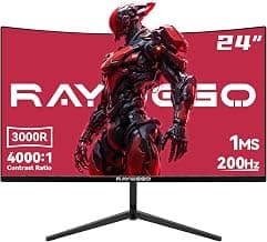 Raywego 24 inch Curved Gaming Monitor 200Hz/180Hz 1ms,FHD 1920×1080P,4000:1 Contrast Ratio,with FreeSync & Eye-Care, Support DP, HDMI,USB,3.5mm Port for Gaming Home Office,Wall Mount Install