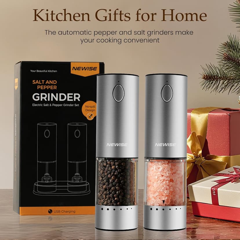 Salt and Pepper Shakers with Adjustable Coarseness, LED Lights, Large Capacity, Kitchen Appliances Gifts for Women Newise Electric Salt and Pepper Grinder Set, Rechargeable, Stainless Steel B0CZCNDWYB