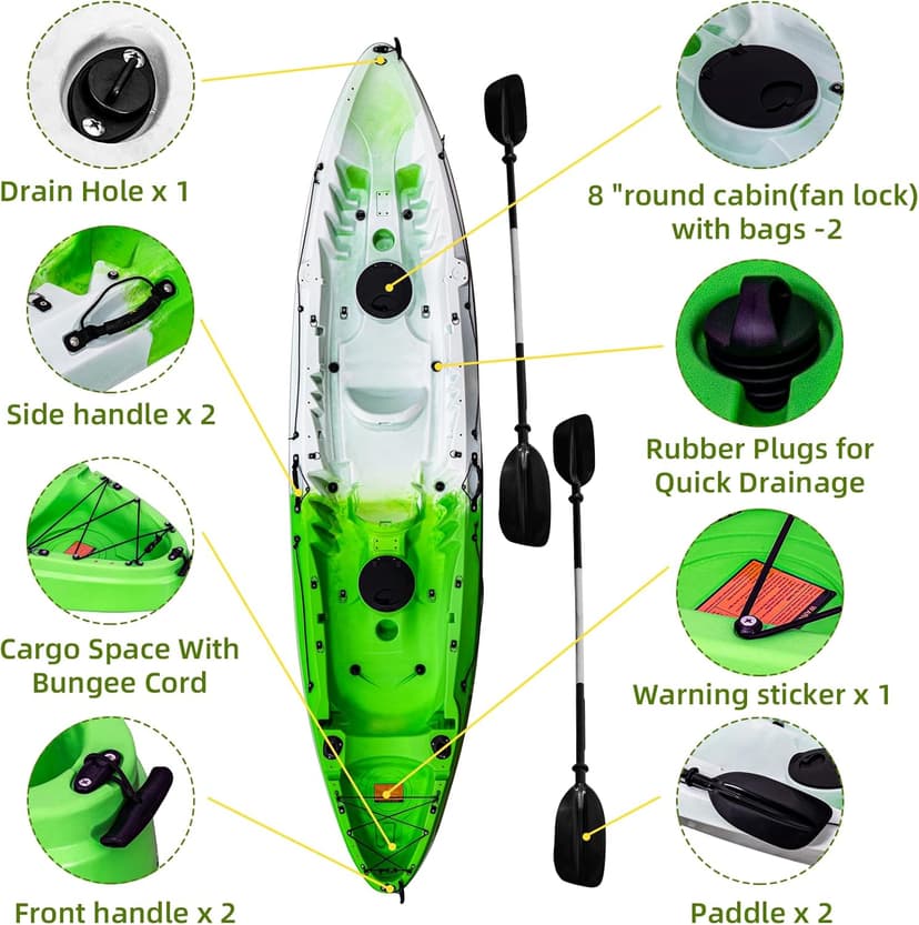 Fishing Kayaks, 12.4FT, 2-3 Person Sit on Top Kayak for Adults with Paddle & Comfortable Seat, Capacity of 600LBS, Hard Shell Recreational Ocean Kayak Boat