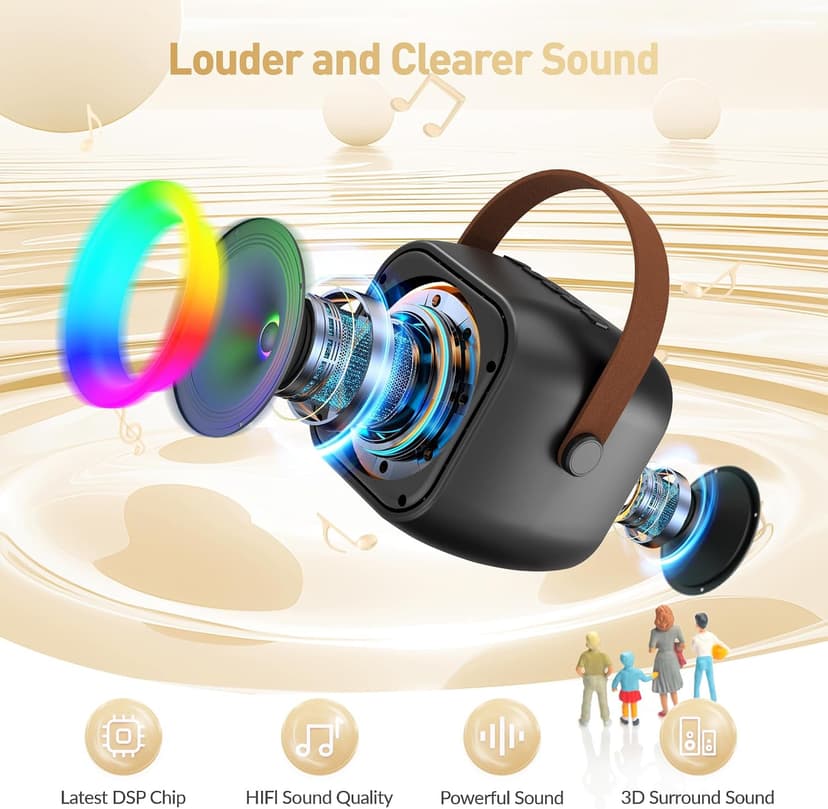 360° Surround Sound,5 Voice Effects,Bluetooth 5.0,LED Lights, TF/USB/AUX, For Kids and Adults, Family Home Party and Gifts Mini Karaoke Machine,Portable Bluetooth Speaker with 2 Wireless Microphones B0CNX6MMK3