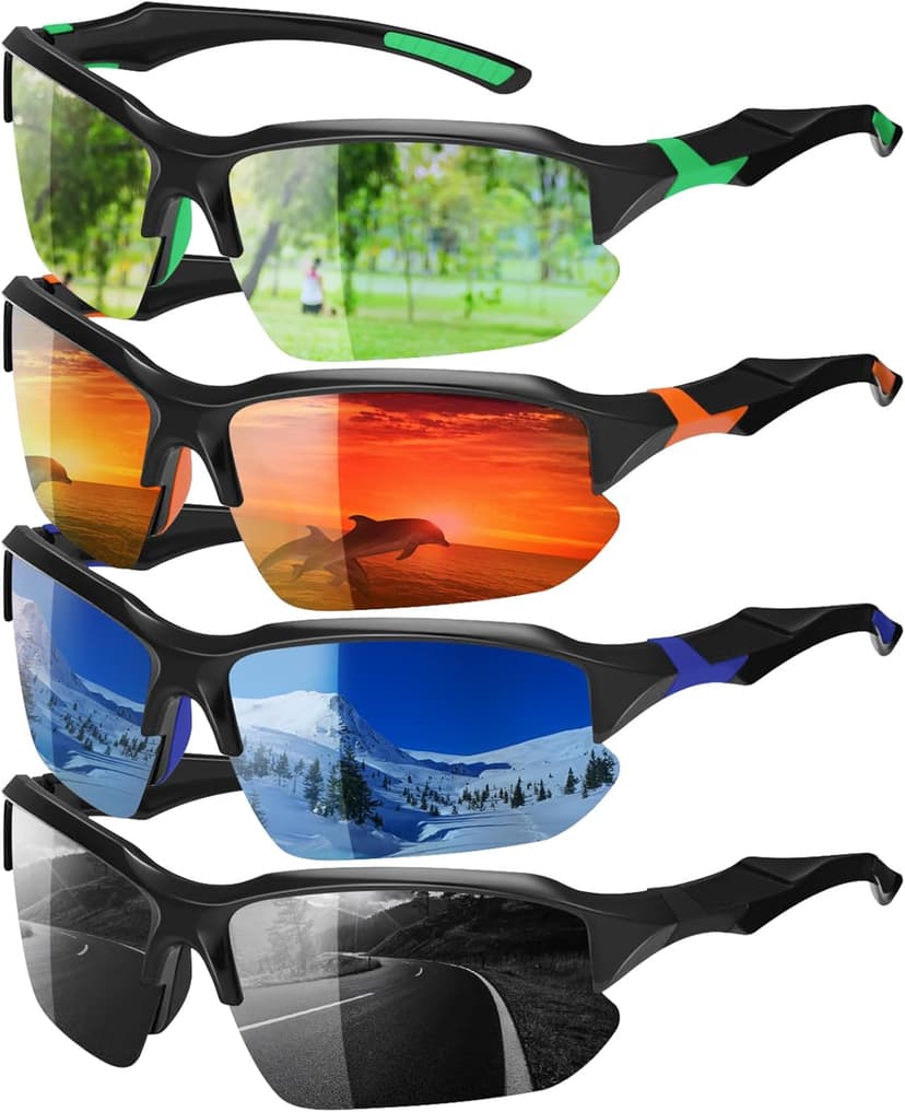 GGSTDDUP 4 Pack Polarized Sports Sunglasses for Men & Women | UV Protection Lightweight Wraparound Sunglasses for Outdoor