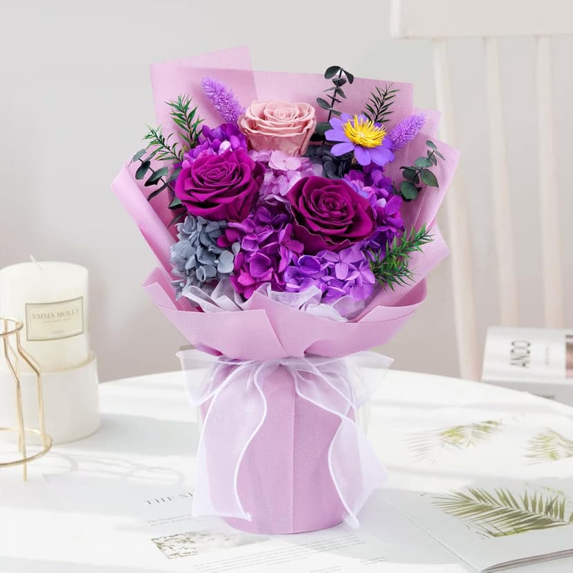 Waipfaru Preserved Flowers, Purple Fresh Bouquet with Gift Box, Flowers for Delivery, That Last 1-3 Years, Forever Flowers for Women Birthday Gift, Anniversary, Teacher, Mother Day