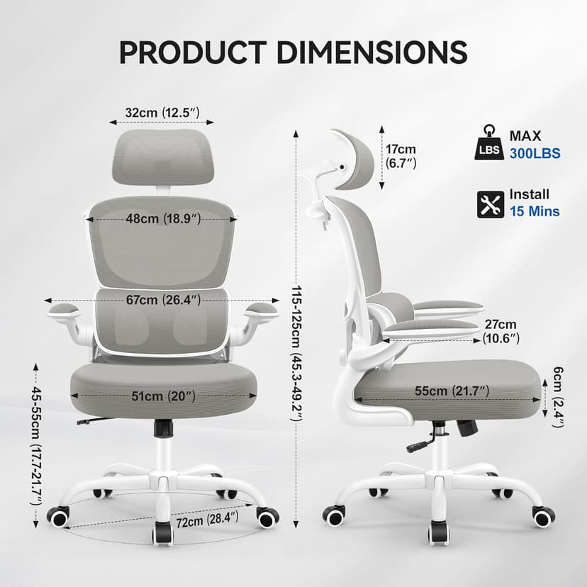 ALLGOD Ergonomic Office Chair, Mesh Desk Chair with Lumbar Support, High Back Home Office Chair with Adjustable Headrest and Flip-Up Arms, Comfortable Computer Chair, Thick Cushion, 300 LBS, LightGray