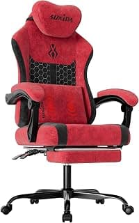 SUKIDA Fabric Video Gaming Chair, Ergonomic High-Back Computer Game Chairs with Large Massage Adjustable Lumbar Support, Headrest and Linked Armrests for Long Hours Sitting Task Chair, Red