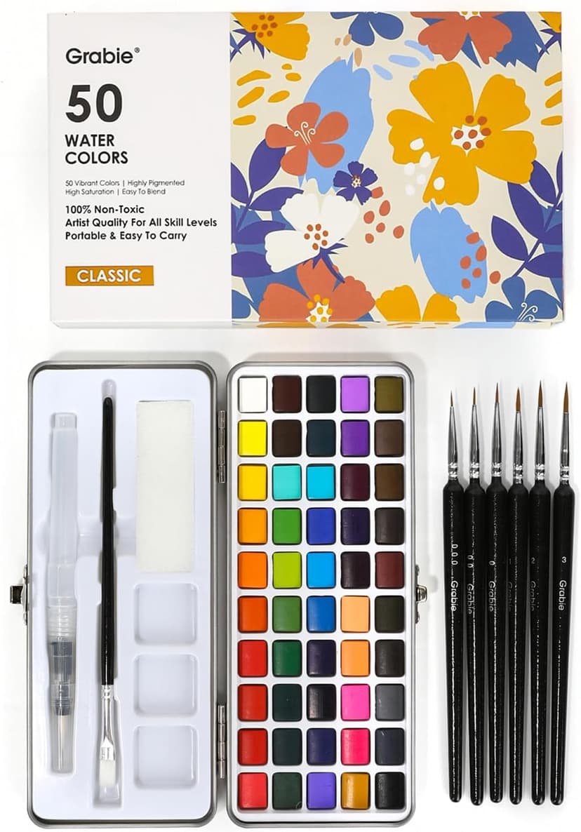 High Pigment Paints, Blendable Colors, Portable Travel Case, Painting, Sketching, Illustration, Beginner And Hobby Artists Grabie 50 Color Watercolor Paint Set with Brush Pens B0BJPQ3TKS