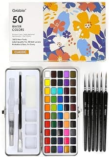 High Pigment Paints, Blendable Colors, Portable Travel Case, Painting, Sketching, Illustration, Beginner And Hobby Artists Grabie 50 Color Watercolor Paint Set with Brush Pens B0BJPQ3TKS