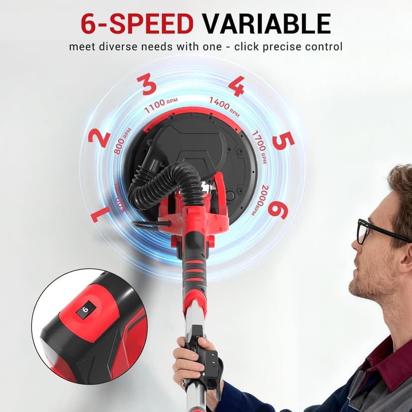 Drywall Sander, Popcorn Ceiling Removal Tool, 1000W Drywall Sander with Vacuum Dust Collector, 6 Variable Speed 500-2000rpm, 18pcs Sanding Discs, Led Light, Foldable & Extendable Handle
