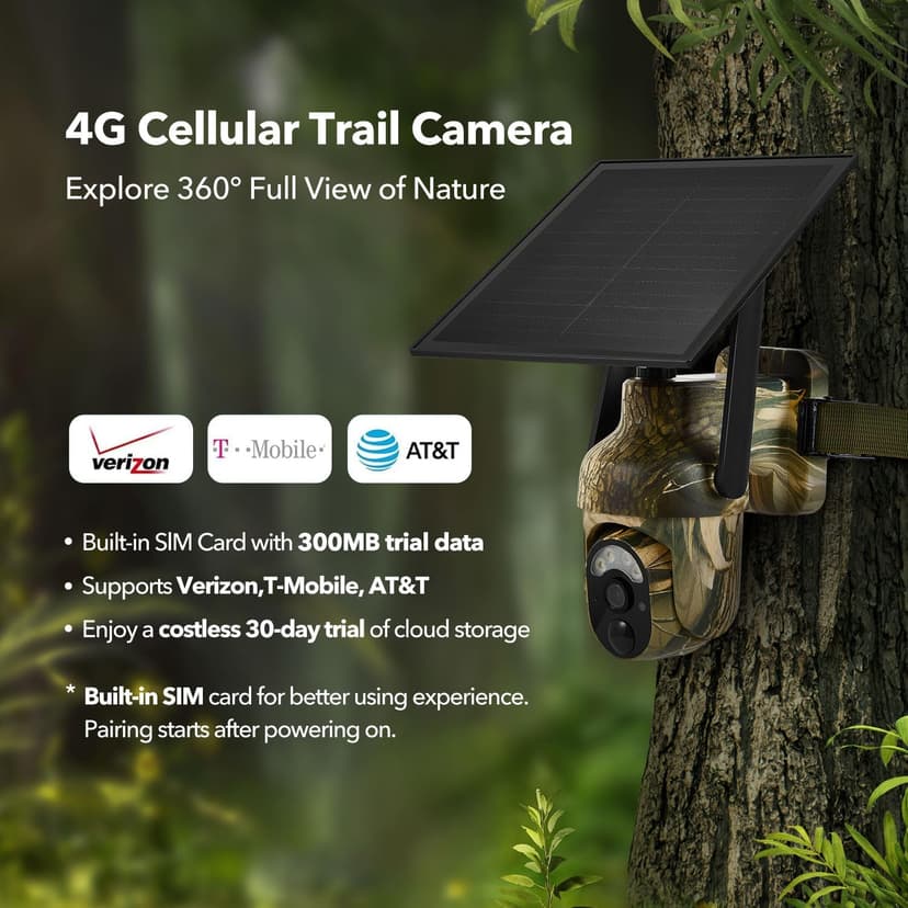 4G LTE Cellular Trail Cameras 2K 360° View Live Streaming Game Camera Built-in SIM Card with Motion Activated Color Night Vision Remote Phone Access Solar Powered Trail Camera IP65 Waterproof 2 Pack