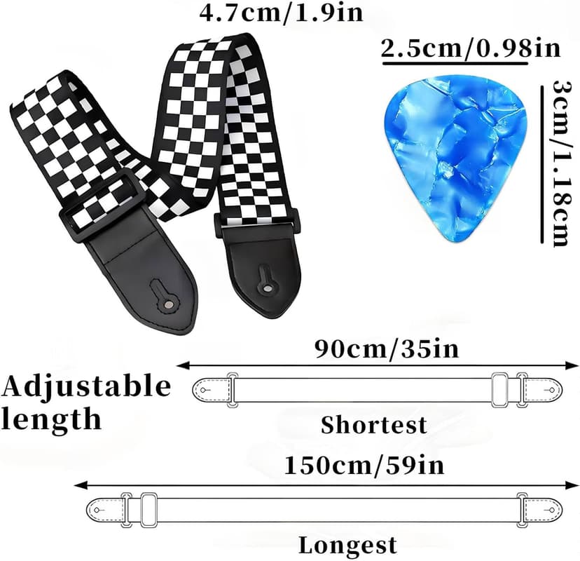 Qivorimith Guitar Strap,Acoustic Electric Guitar With Leather Pick Box and 3 PCS Picks Guitar Accessories,Available for All Guitars(Black White Grid)