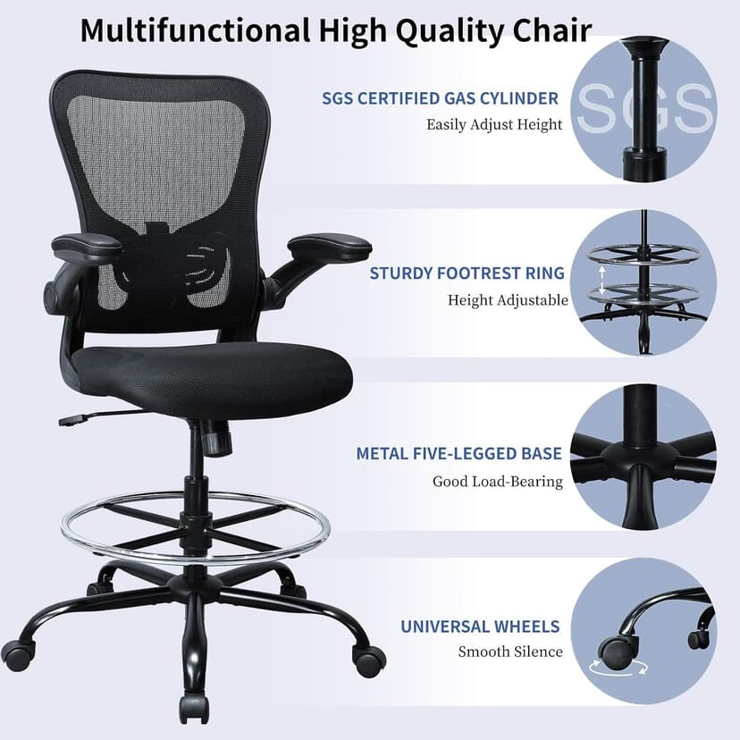 Drafting Chair, Ergonomic Tall Office Chair for Standing Desk, Counter Height Desk Chair with Adjustable Padded Armrests and Footrest Ring Standing Desk Chair Adjustable Height with Lumbar Support
