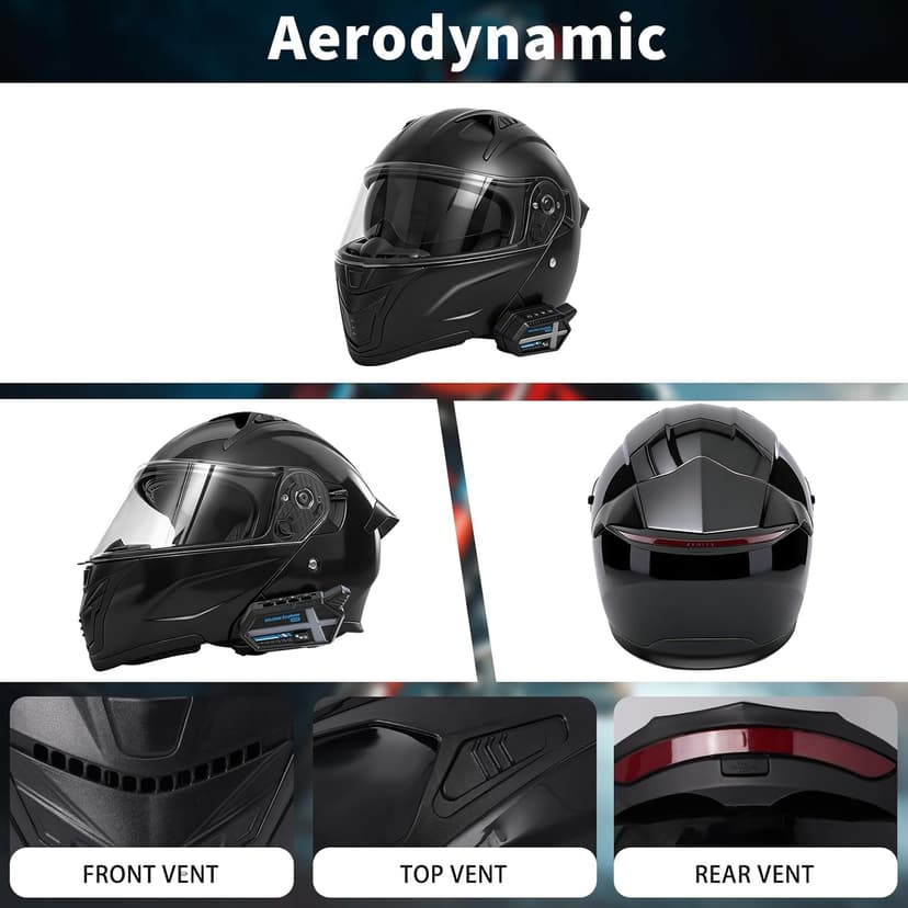 Bluetooth Modular Motorcycle Helmets with Tail Lights, DOT Certified Flip-Up Dual Visor Full Face Helmets for Men & Women Moto ATV UTV Snowmobile ADV Four Wheeler Street Bike