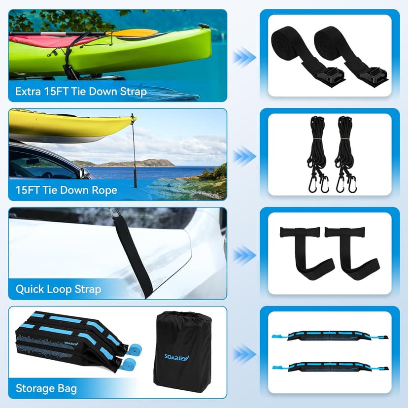 Universal Car Soft Roof Rack，Roof Pads Luggage Carrier for Kayak, Surfboard SUP, Canoe Include Storage Bag, 2 Quick Loop Strap, 2 Tie Down Rope, and 2 Heavy Duty Tie Down Straps