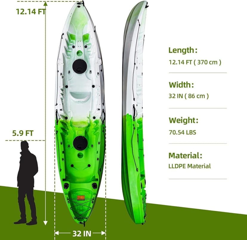 Fishing Kayaks, 12.4FT Sit on Top Kayak for 2-3 Person Adults with Paddle & Comfortable Seat, Capacity of 600LBS, Hard Shell Recreational Ocean Kayak Boat, Green