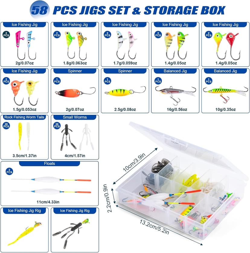 Goture Ice Fishing Rod and Reel Combo with Carry Bag, 24''Medium Spinning Ice Fishing Pole, 58Pcs Jigs & Lures with Storage Box, Line,Fish Gripper, Pliers and Tools for Trout Bass Walleye