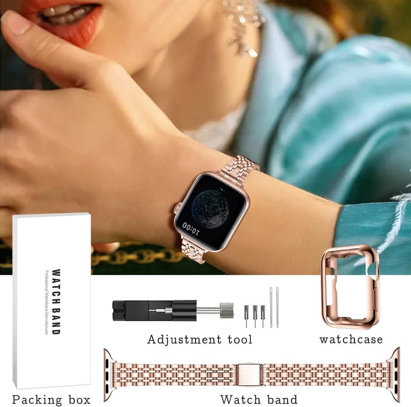 Slim Watch Band Compatible with Apple Watch 41mm 45mm 42mm 44mm 40mm 38mm Metal Stainless Steel Watchband Suitable for iWatch 10/9/8/7/6/5/4/3/2/1/SE Series Women Luxury Strap